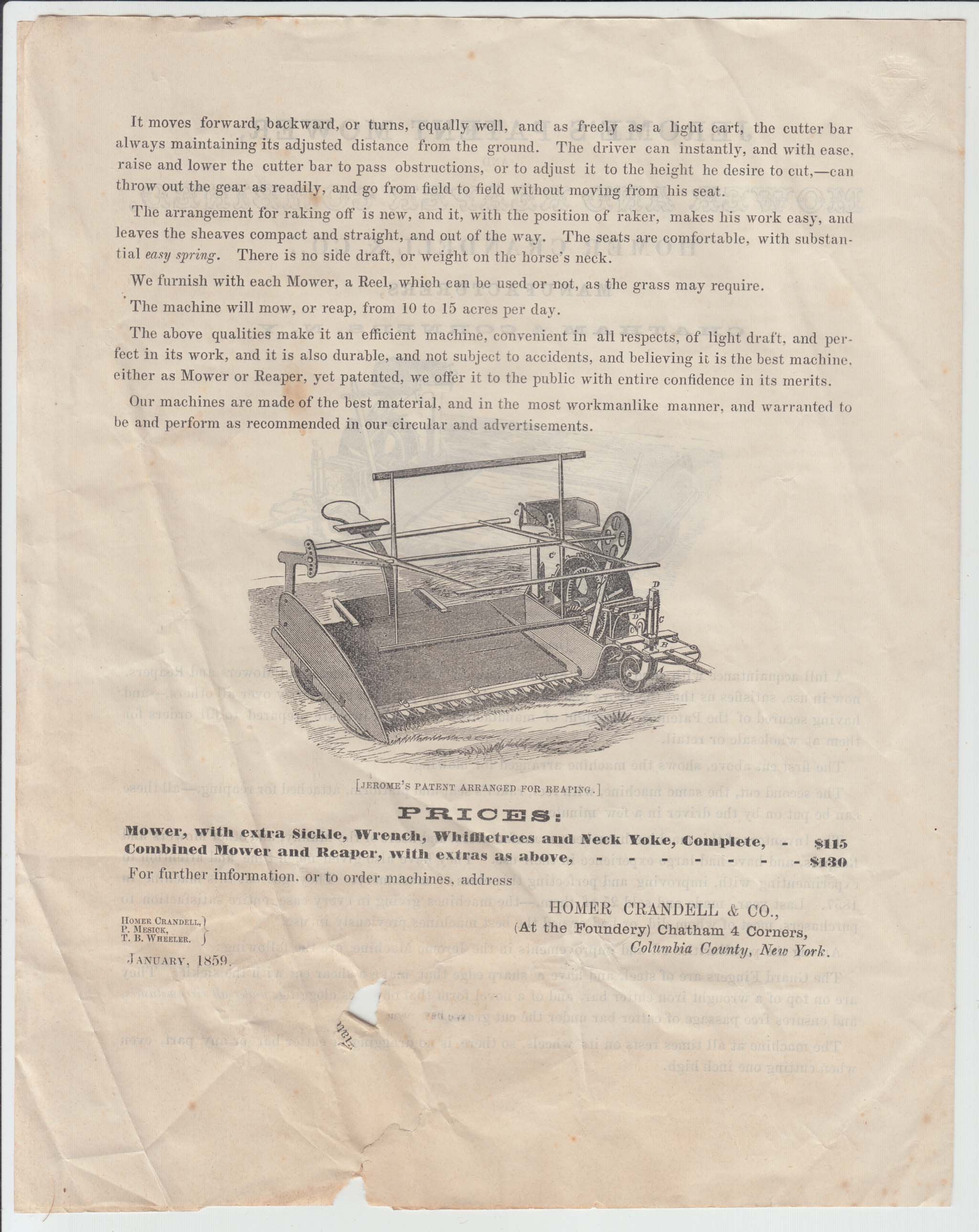 HBC002, 1859-01 Advertising Brochure for Jerome's Patent Mower Mfd by Homer Crandell & Co